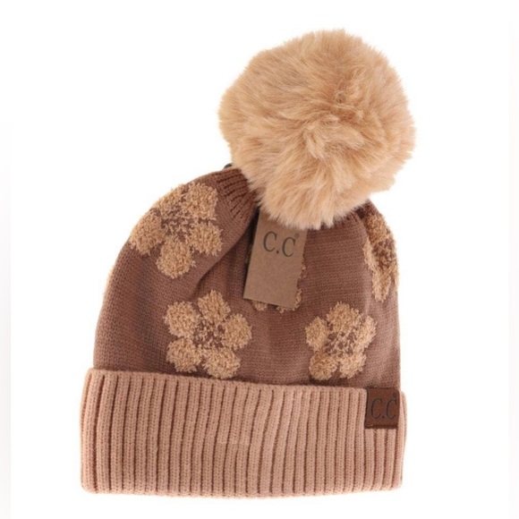 #211. Daisy Patterned Faux Fur Beanie - Picture 3 of 5